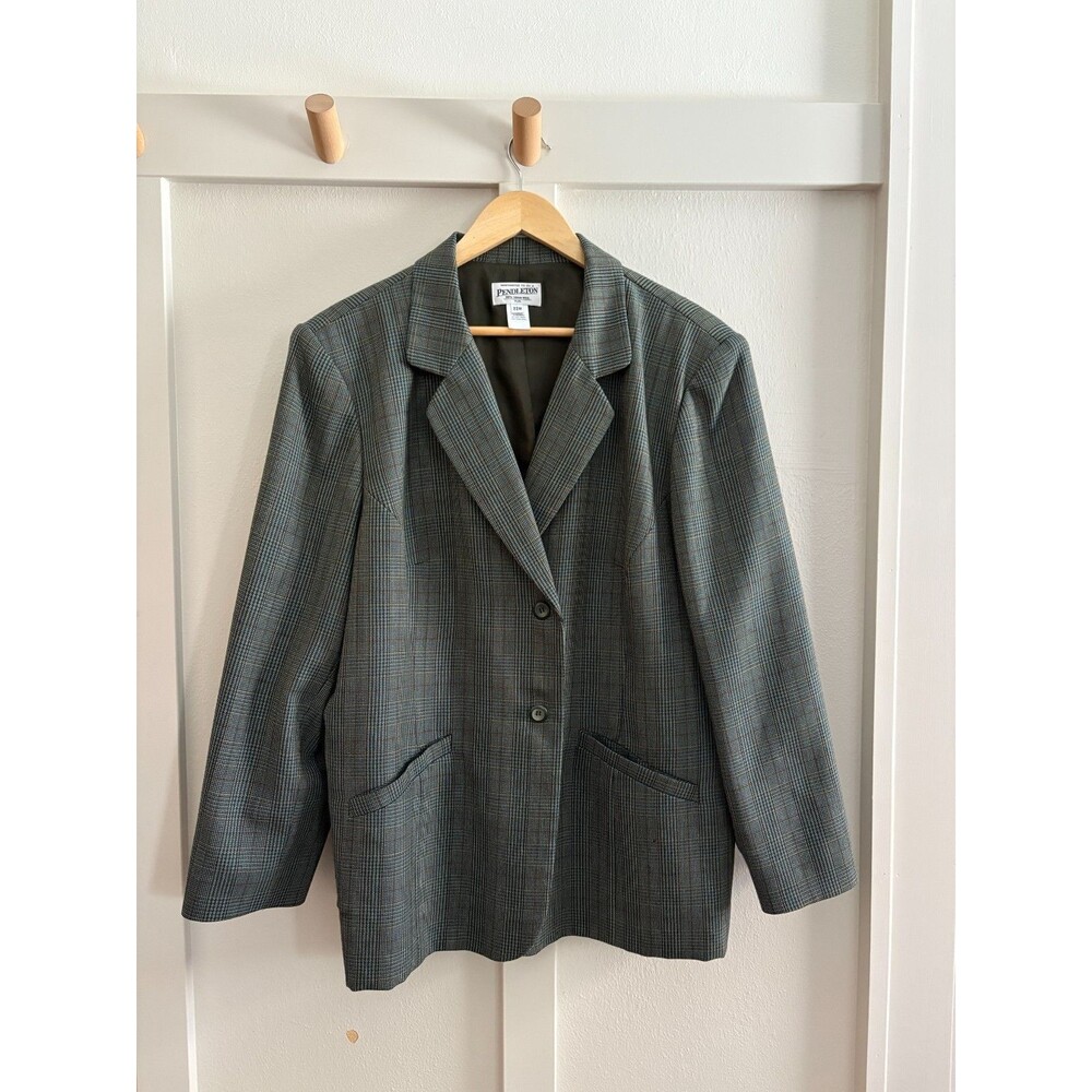 Vintage Pendelton Womens Virgin Wool Gray Blue Houndstooth Blazer 22W